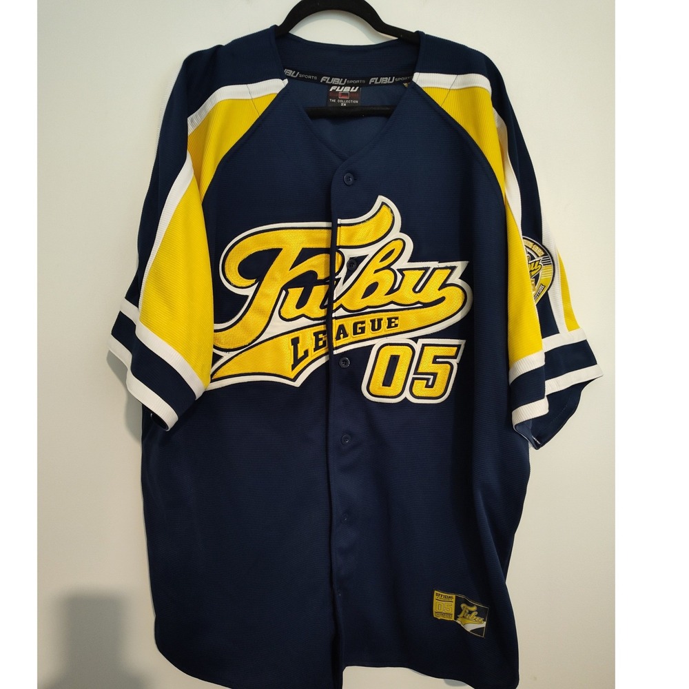 FUBU League 05 Baseball Jersey Navy Blue Yellow Mens 2X Vintage Streetwear